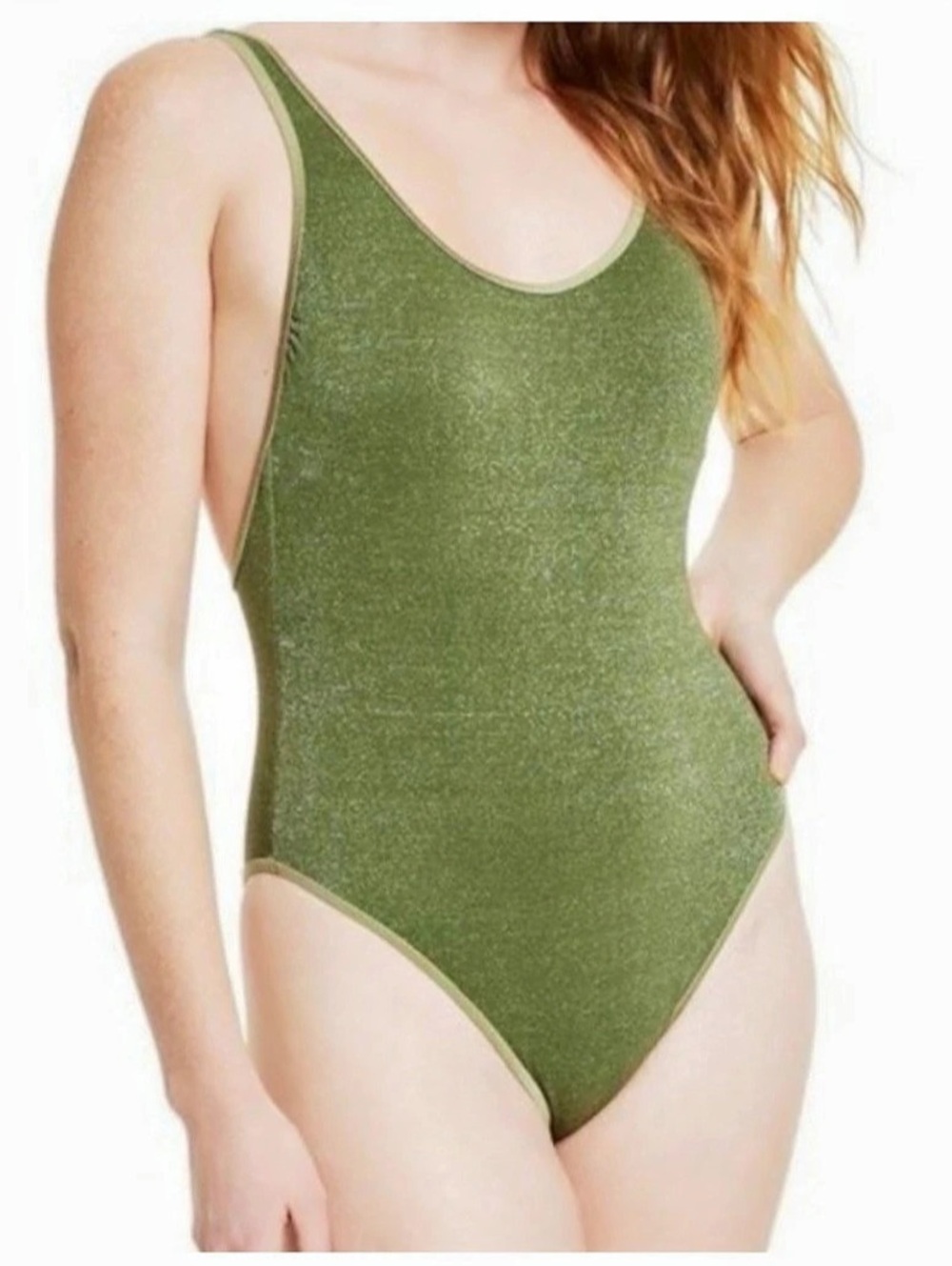 FeNoel High Leg Metallic Green One-Piece Swimsuit Low Back Cheeky Sz. L NEW